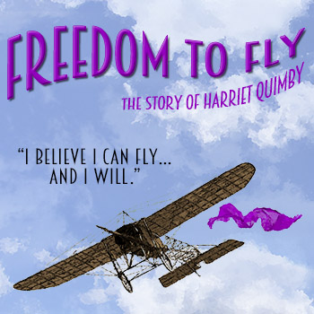 Freedom to Fly webtile: artwork shows a 1920s monoplane, flying in a sky with puffy clouds; a scarf trails behind the plane in the wind. Text: